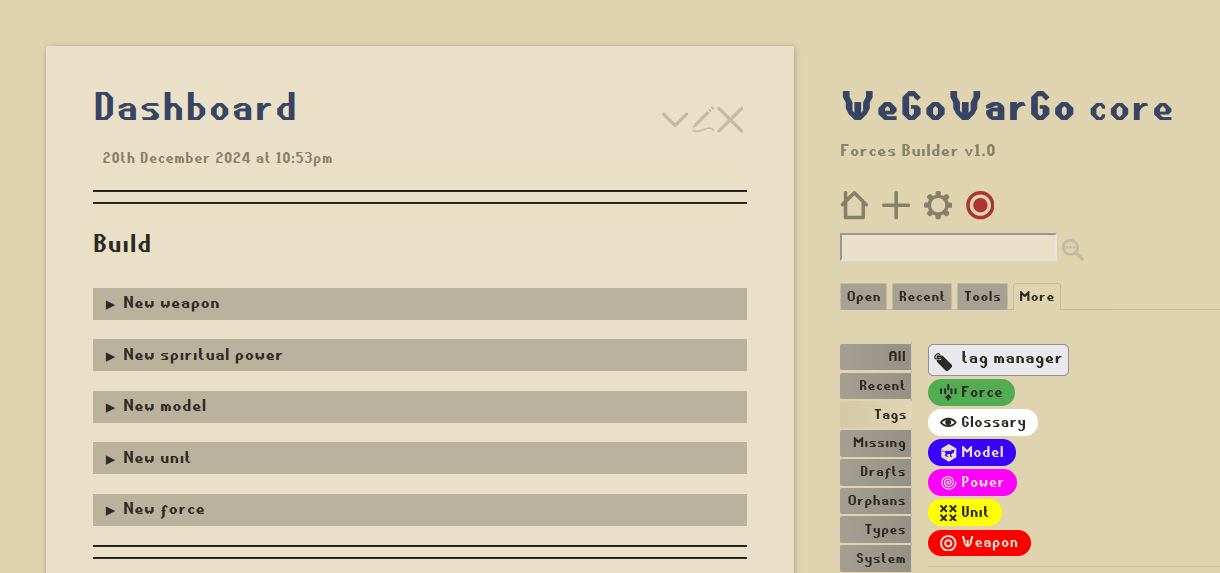 Dashboard of the forthcoming WeGoWarGo Forces Builder.